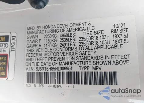 2022 Honda Cr-V Hybrid Ex-L z USA, uszkodzony, nr VIN 5J6RT6H85NL006954